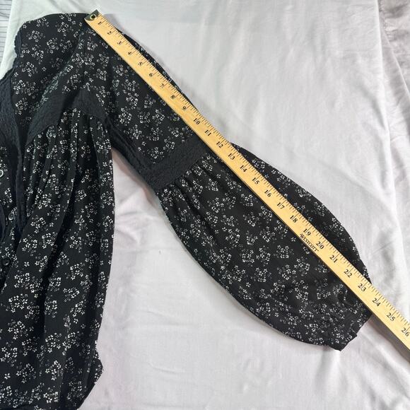 Brave Soul London Womens Large Black Floral Boho Peasant Blouse Lace Trim Sheer - Picture 7 of 7